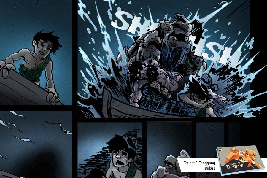 Sample image from Taubat Si Tanggang Buku I. Si Tanggang burst out from water carrying an unconcious man.