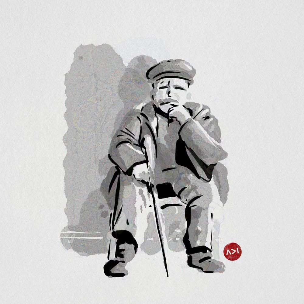 Digital ink wash drawing of an elderly man with a walking cane.