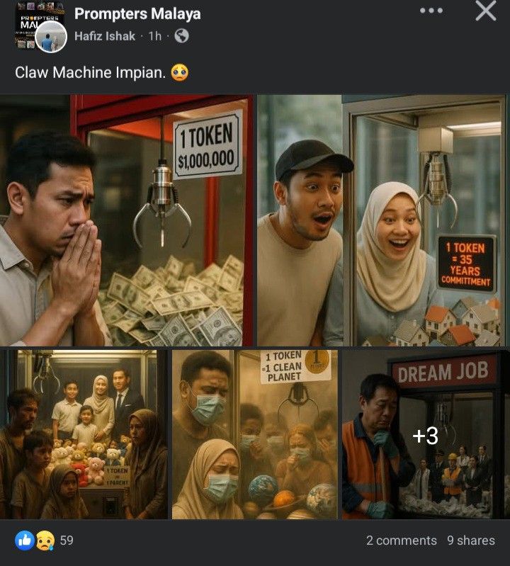 A collage of AI generated slop showing different situations including a claw machine.