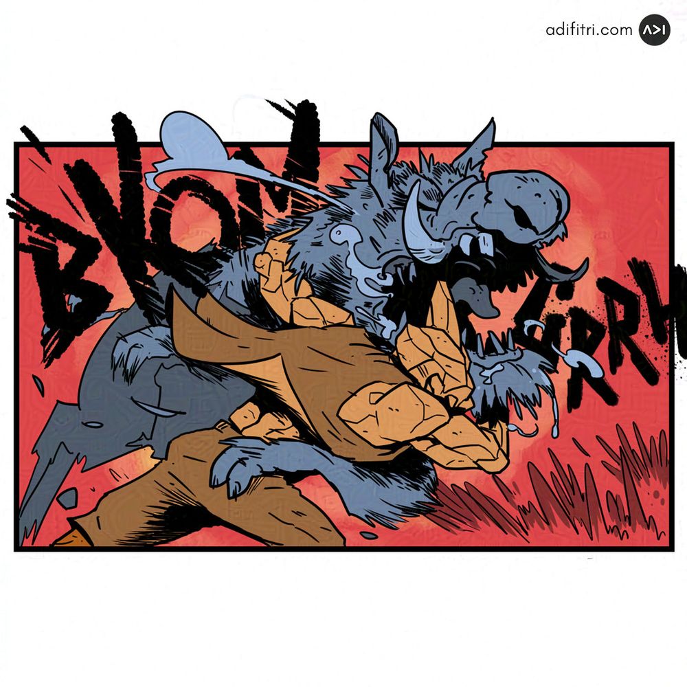 Panel komik; Si Tanggang menangkap babi hutan.