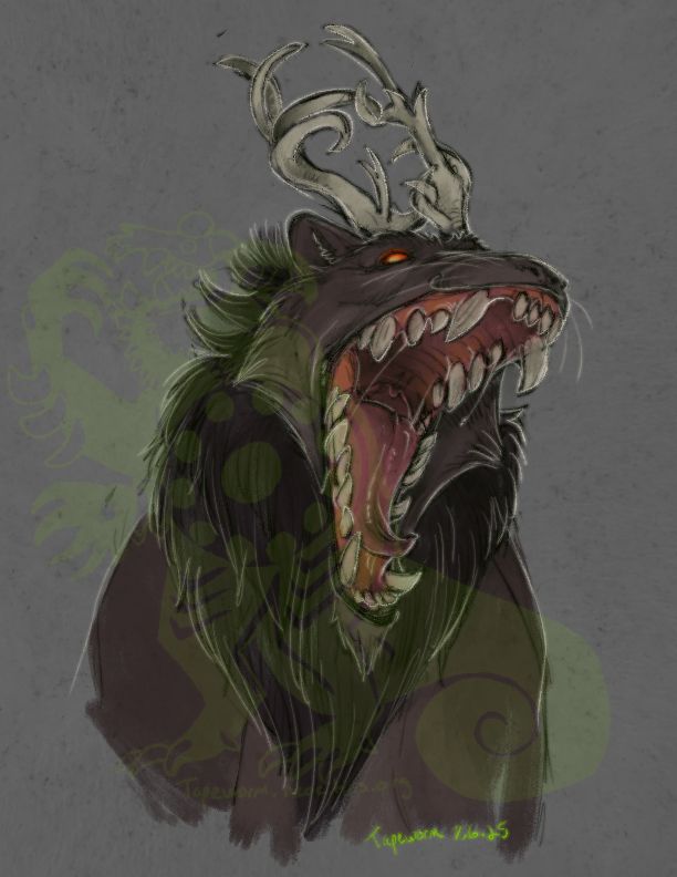 A wolf like beast with tangled antlers and mane with its mouth wide open
