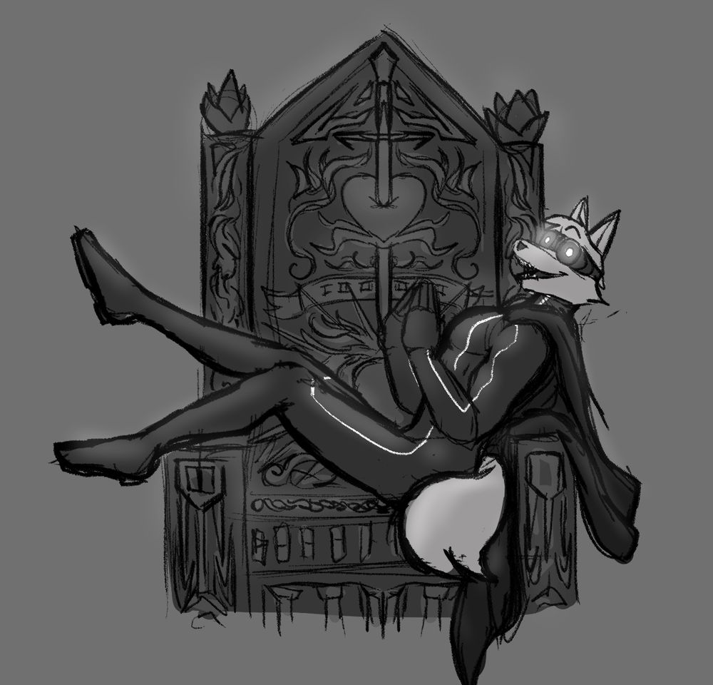 Professor Wolf, an anthro wolf supervillain, sitting sideways on a large ornate throne. He looks happy and carefree. 