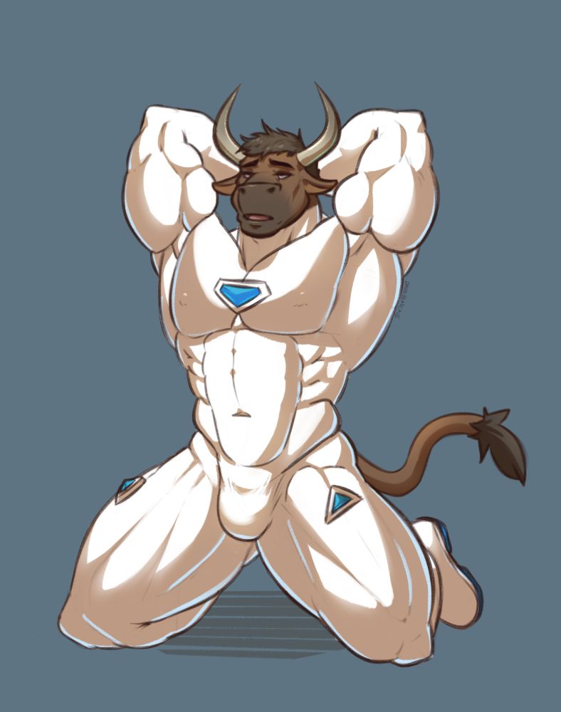 Bradley, my anthro bull, appears dazed and hypnotized as he flexes with his arms behind his back. He's wearing a white superhero suit with blue accents. 