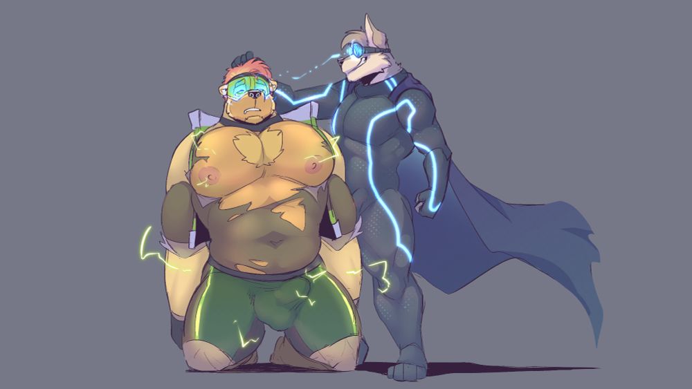 An anthro super villain wolf holds the head of a captured and hypnotized super hero bear. The super hero's costume is ripped and he's clearly aroused.
