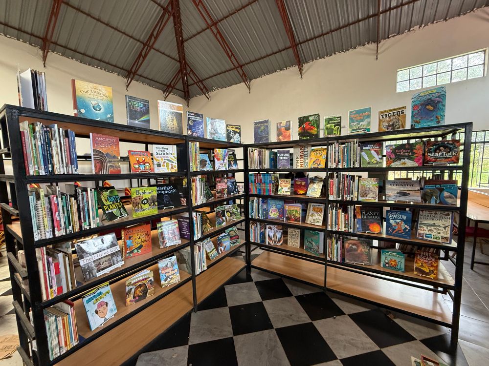 Library shelves with books on display 