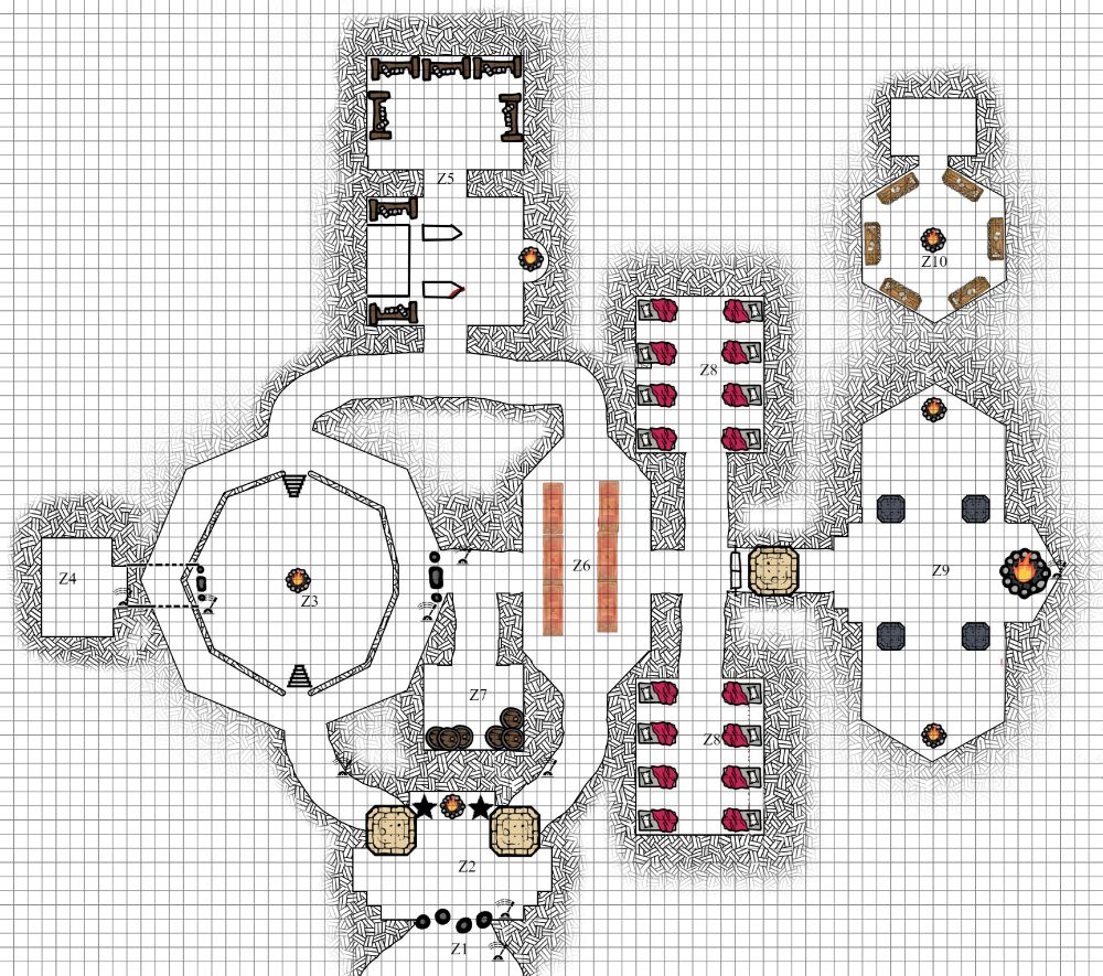 A black-and-white dungeon map with a mix of mismatched icons and labels scattered across it.