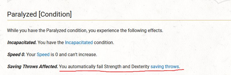 The description of Paralyzed in D&D 2024, which specifies that you automatically fail Strength and Dexterity saving throws.