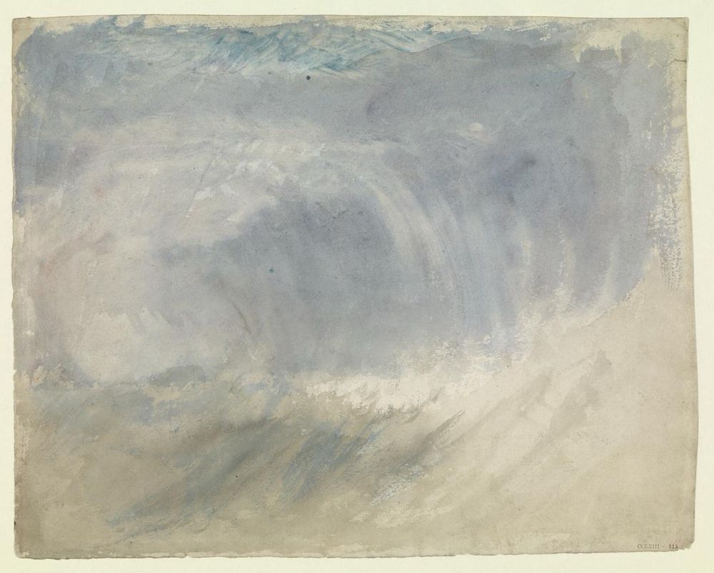 painting study of waves on paper by Joseph Mallord William Turner. i believe from the Tate online archive. it looks like a light wash of paint with cobalt blue, grey and taupe. it's faint and simple but a bit melancholy looking. Turner is known for painting turbulent subject matter using bodies of water for visuals