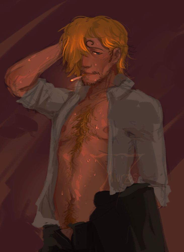 Sanji with his shirt unbuttoned and sleeves rolled up, his is jacket resting on his arm and his pants are unbuttoned. 