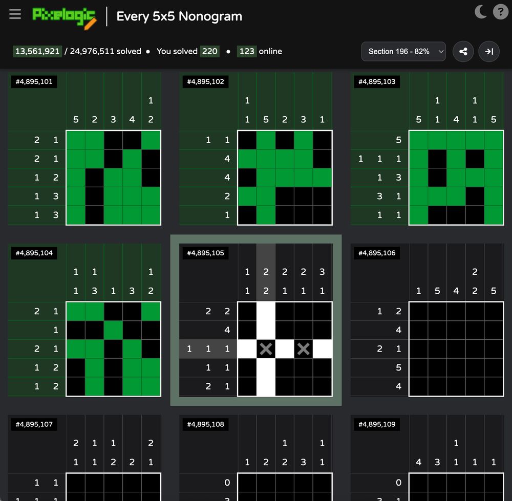 Every 5x5 Nonogram website in dark mode