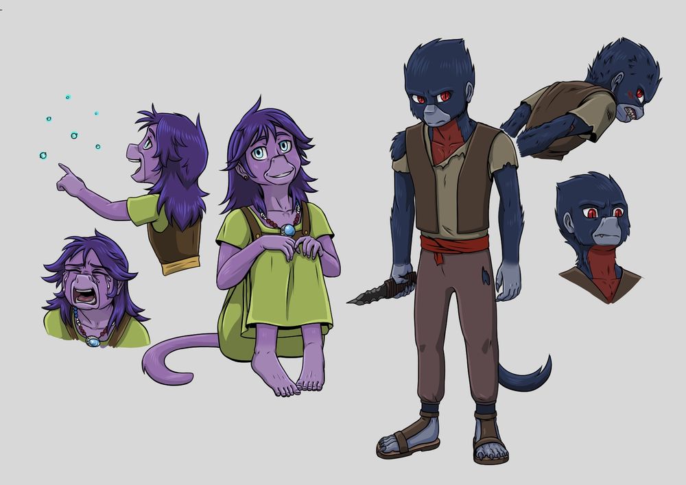 Young Ebony (Left) sitting in a green dress, crying and looking at night flies. Young Razor, (Right) holding a handmade knife and looking troubled, slightly uncertain and getting arrested or beaten.