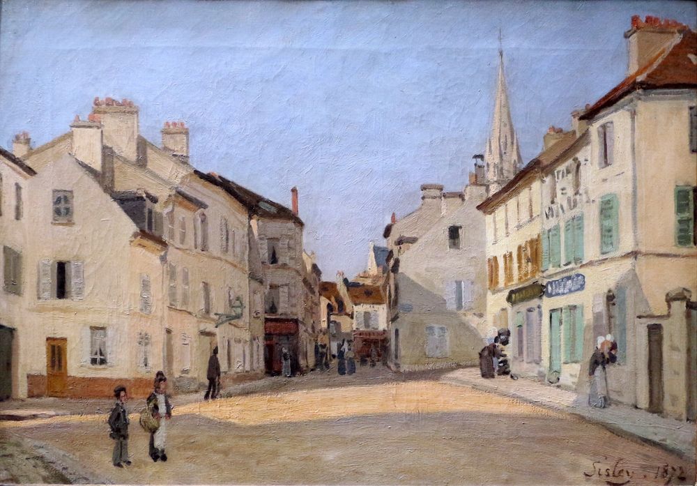 When two artists paint the same view: Rue de la Chausée à Argenteuil, painted on the same day in 1872 by Claude Monet & Alfred Sisley, friends and founding figures of French Impressionism, who set up their easels side by side en plein air.
Private Collection | Musée d’Orsay