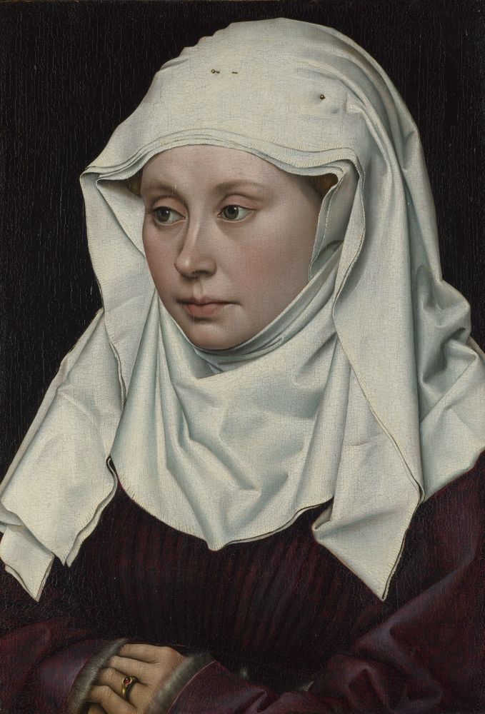 Portrait of a Lady: comparing works of Flemish master Robert Campin & his pupil Rogier van der Weyden
Painted in 1435 (Campin left) and 1440 (Van der Weyden right), oil on panel, in three-quarter pose, with white, pinned linen veils against dark backgrounds, with subtle textures of skin, fabrics and jewellery portrayed with intense realism.
National Gallery London | Gemäldegalerie, Berlin