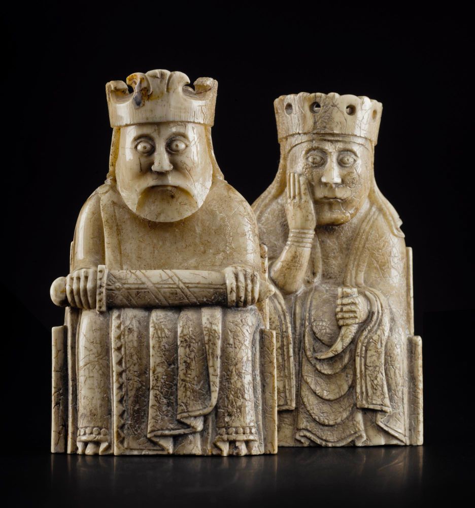 The King and Queen: from The Lewis Chessmen, 12th Cen﻿tury, walrus ivory figures from a group unearthed at or near Uig Bay on the Scottish Isle of Lewis in 1831; part of 11 figures which remain in Scotland. 82 other pieces on display in The British Museum.
National Museum Scotland #InternationalChessDay