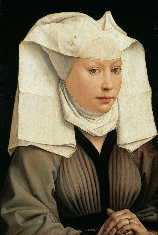 Portrait of a Lady: comparing works of Flemish master Robert Campin & his pupil Rogier van der Weyden
Painted in 1435 (Campin left) and 1440 (Van der Weyden right), oil on panel, in three-quarter pose, with white, pinned linen veils against dark backgrounds, with subtle textures of skin, fabrics and jewellery portrayed with intense realism.
National Gallery London | Gemäldegalerie, Berlin