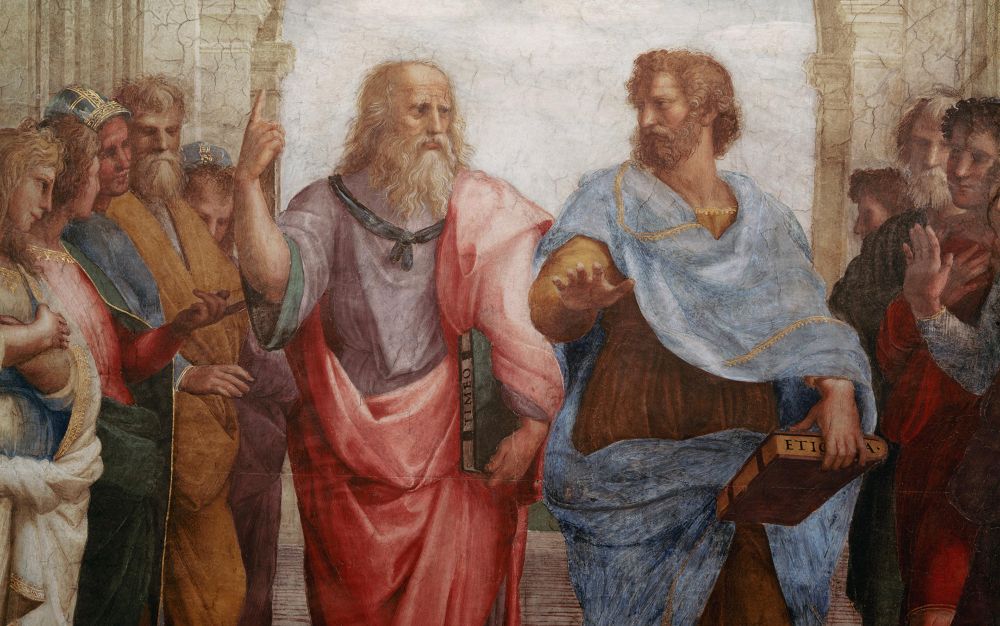 Plato and Aristotle discussing as depicted in the painting The School of Athens