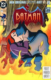 The cover of Batman Adventures #13. Batman kisses Talia Al Ghul passionately inside a warehouse on fire 