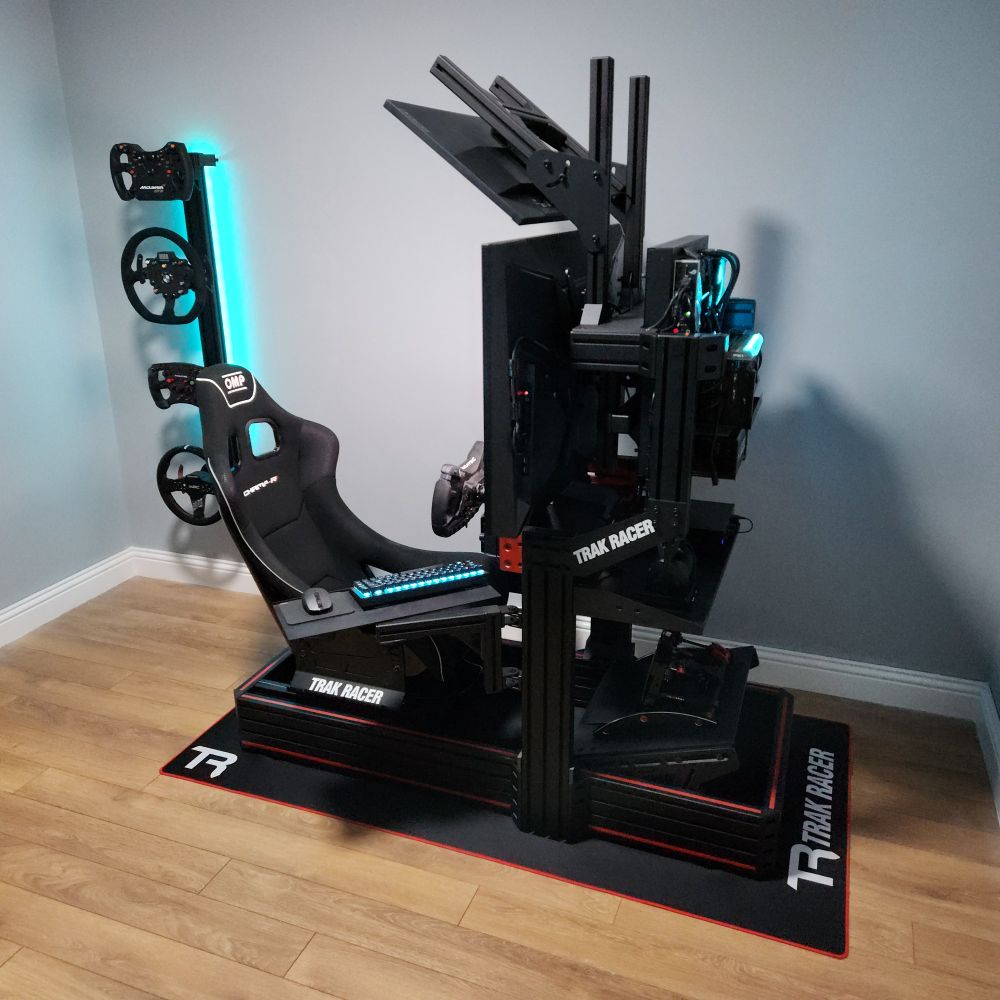 A side picture of my Trak Racer TR160 racing sim cockpit and sim wheel display.