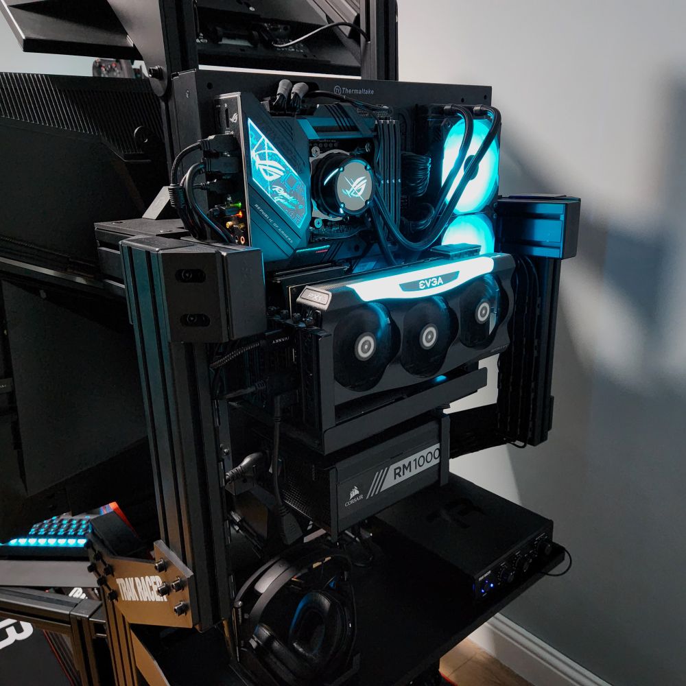 A picture of my sim PC mounted to the back of my Trak Racer TR160 racing sim cockpit.