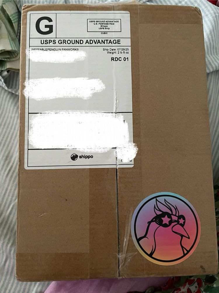 A cardboard box with a redacted mailing label and a round iridescent sticker of a penguin in sunglasses with suns on them. Imagine a macaroni penguin with flair. 