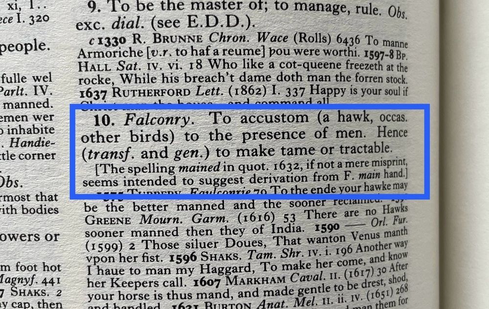 Photograph of an OED entry “10. Falconry. To accustom (a hawk, occas. other birds) to the presence of men. Hence (transf. and gen.) to make tame or tractable.
I he spelling mained in quot. 1632, if not a mere misprint, seems intended to suggest derivation from F. main hand.)”