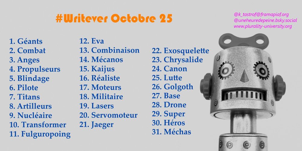  1. Géants
 2. Combat
 3. Anges
 4. Propulseurs
 5. Blindage
 6. Pilote
 7. Titans
 8. Artilleurs
 9. Nucléaire
 10. Transformer
 11. Fulguropoing
 12. Eva
 13. Combinaison
 14. Mécanos
 15. Kaijus
 16. Réaliste
 17. Moteurs
 18. Militaire
 19. Lasers
 20. Servomoteur
 21. Jaeger
 22. Exosquelette
 23. Chrysalide 
 24. Canon
 25. Lutte
 26. Golgoth
 27. Base
 28. Drone
 29. Super
 30. Héros
 31. Méchas
