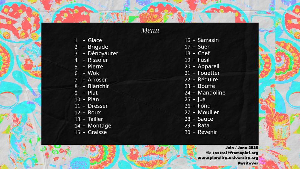 1  - Glace
2  - Brigade
3  - Dénoyauter
4  - Rissoler
5  - Pierre
6  - Wok
7  - Arroser
8  - Blanchir
9  - Plat
10 - Plan
11 - Dresser
12 - Roux
13 - Tailler
14 - Montage
15 - Graisse
16 - Sarrasin
17 - Suer
18 - Chef
19 - Fusil
20 - Appareil
21 - Fouetter 
22 - Réduire
23 - Bouffe
24 - Mandoline
25 - Jus
26 - Fond
27 - Mouiller
28 - Sauce
29 - Rata
30 - Revenir