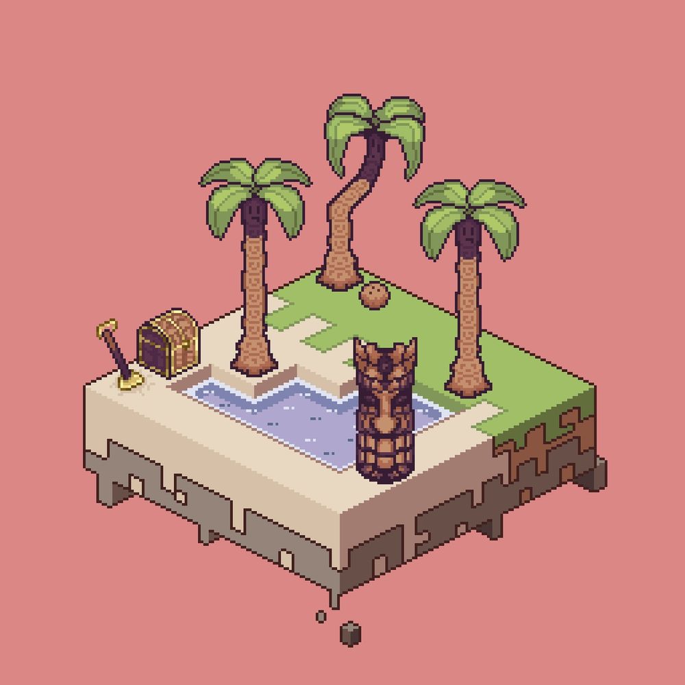 Isometric tiki theme island pixel art 
