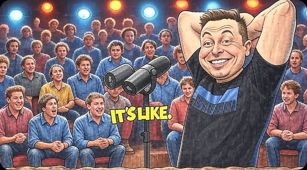 Picture of Elon Musk in a room fill of Mark Zuckerbergs.