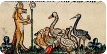 A dog bishop giving a sermon to various birds--raptors, geese, cranes, ducks.