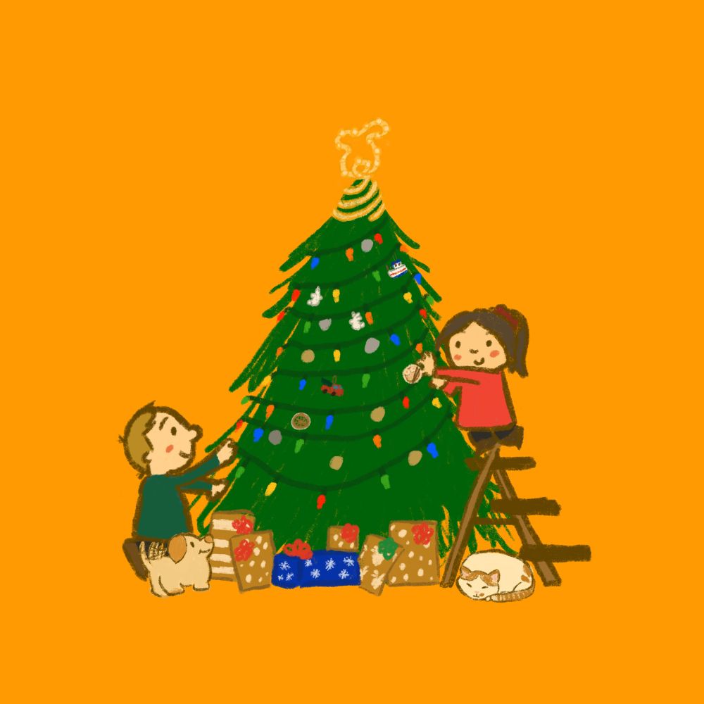illustration of me and my partner setting up a christmas tree!