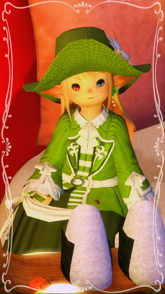 Gpose from CanvasAP featuringa lalafell woman in a green dress sitting in front of some rice balls.