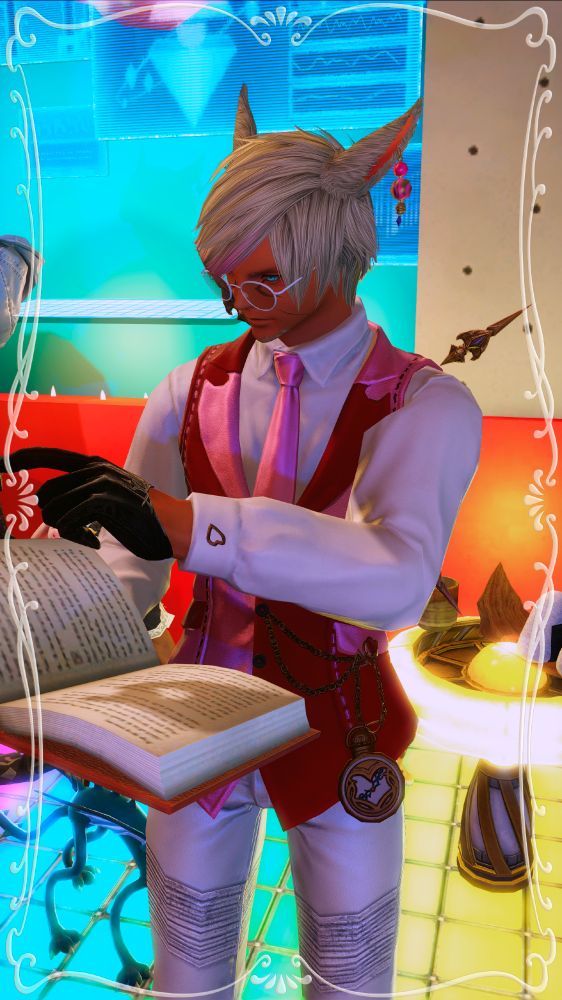 Gpose from CanvasAP featuring a male miqo'te in formal red, pink and white wear while reading a book.