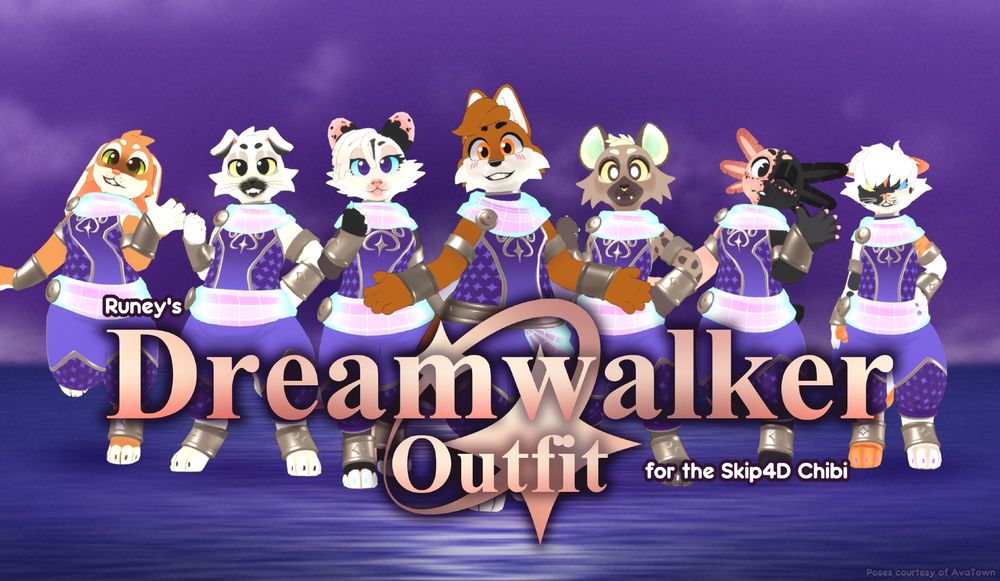 A group of Chibi avatars by Skip4D, posing behind a Dreamwalker logo. They stand on a plane of water, with the moon rising behind them.