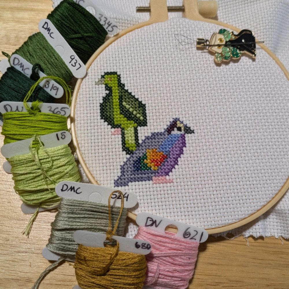A WIP featuring some pigeons from last Avian August. There's a green pigeon and a bronze wing pigeon. They are all done in cross stitch 