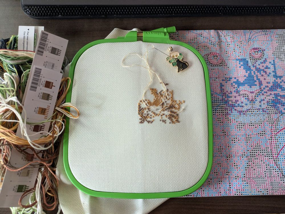 A pile of supplies thread, a WIP cross stitch, and the paper pattern of a leopard with some squares colored in to signify that I've stitched those.