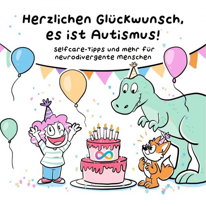 Ihr seht in der Mitte eine Torte mit sechs brennenden Kerzen darauf, und vorne dran die Möbiusschleife für Neurodivergenz. Rechts stehen ein T-Rex und ein Fuchs mit Partyhütchen und links Dani. Sie freut sich sichtlich um sie herum fällt buntes Konfetti und Luftballons steigen auf.