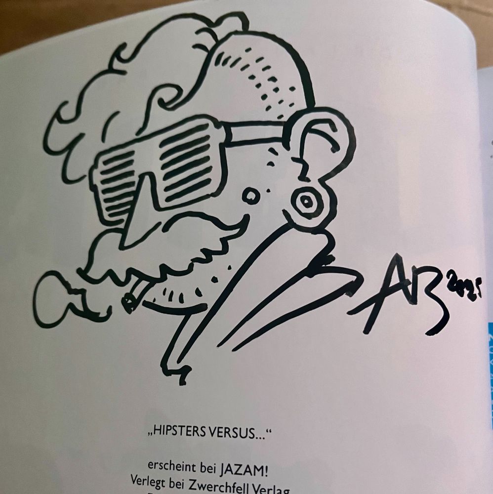 Ein mit Tusche oder Edding von Adrian vom Baur gezeichnete Hipsterbüste mit rasierter Hipsterfrisur, Tolle und furchtbarem Schnorres sowie Hipsterlamellenbrille und Kippe im Mund.
