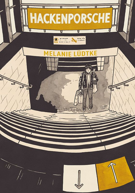 Eine Person steht am Fuß einer Treppe zur U-Bahn und sieht zum Betrachter nach oben. Die Person ist mit mehreren Taschen bepackt. Über der Haltestelle steht "Hackenporsche", darunter die Künstlerin, Melanie Lüdtke. 