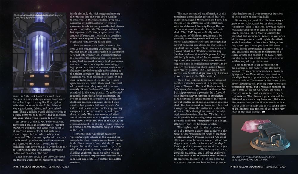 The final spread of the "From Marvick to Brahms" article. On this page there is an image of the Enterprise's warp core from Star Trek: The Motion Picture and an image of the Dilithium Crystal articulation frame as depicted in Star Trek: The Next Generation Technical Manual