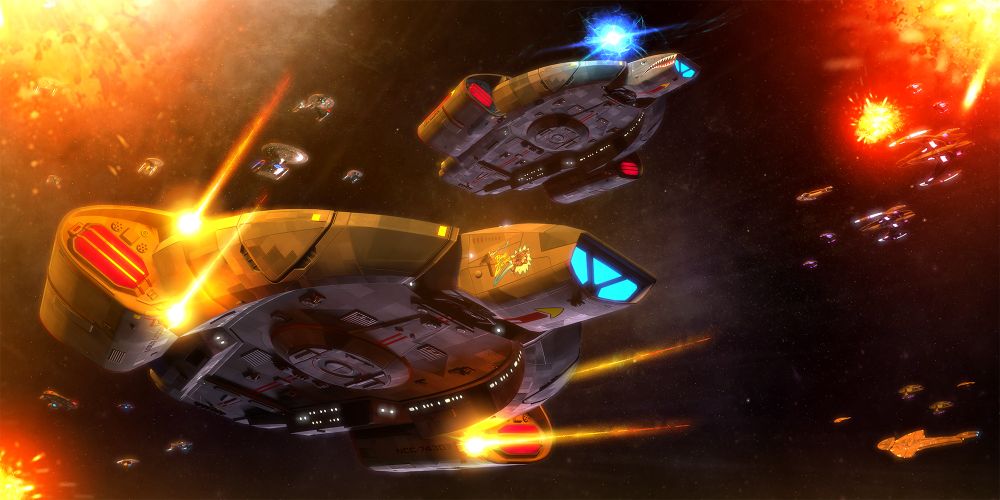 An image of two Defiant-class starships from Star Trek: Deep Space Nine flying in formation while firing their phaser cannons and quantum torpedoes. The cloer ship has World War 2-style nose art that says "BUG ZAPPER" with a picture of a 23rd-century phaser "zapping" a cartoon-style Jem'Hadar Attack Fighter. Behind this ship is its wingman, another Defiant-class Starship. It has a shark mouth painted on the side of its navigational deflector assembly.