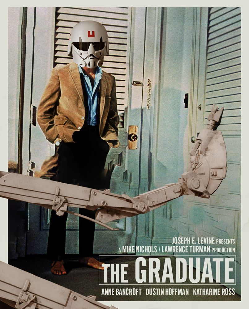 A photoshop of THE GRADUATE movie poster where Mrs. Robinson's leg has been replaced with an AT-ST leg.