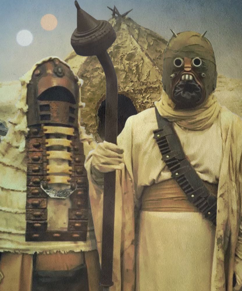 Image of two Tusken Raiders in front of a hut. The image is meant to invoke the painting "American Gothic" by Grant Wood.