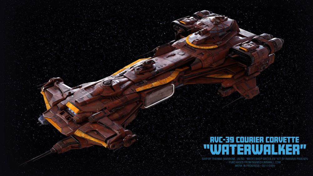 An image of an original spaceship design inspired by the Star Wars universe. The ship has a hammerhead shape with large engines in the back. It is dark orange with yellow and silver highlights. It is named the "Waterwalker." It was designed by Thomas Marrone using kitbashed pieces from Rasmus Poulsen and bigmediumsmall.com