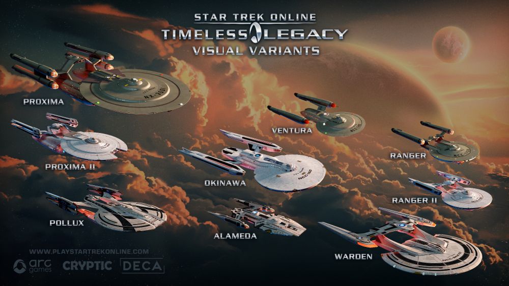 An image of all the starship visual variants in Star Trek Online's TIMELESS LEGACY Starship Bundle. These in the Proxima family the variants are: Proxima, Proxima II, and Pollux. In the Okinawa family, the variants are: Okinawa, Ventura, Alameda. In the Ranger family, the variants are Ranger, Ranger II, and Warden.