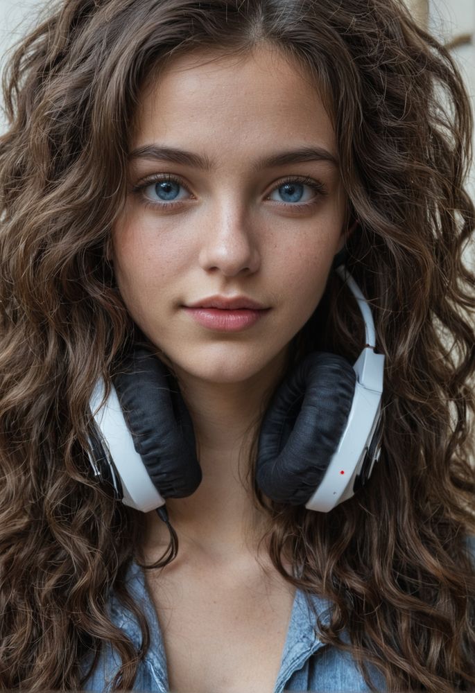 Young girl with headphones not in use down around her neck.