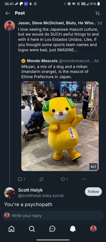 An unhinged individual named Scott Holyk, may he never know love or peace, responding to a post about mascot culture in Japan featuring a picture of an adorable part dog part mandarin orange mascot with 'You're a psychopath', like a normal person would.
