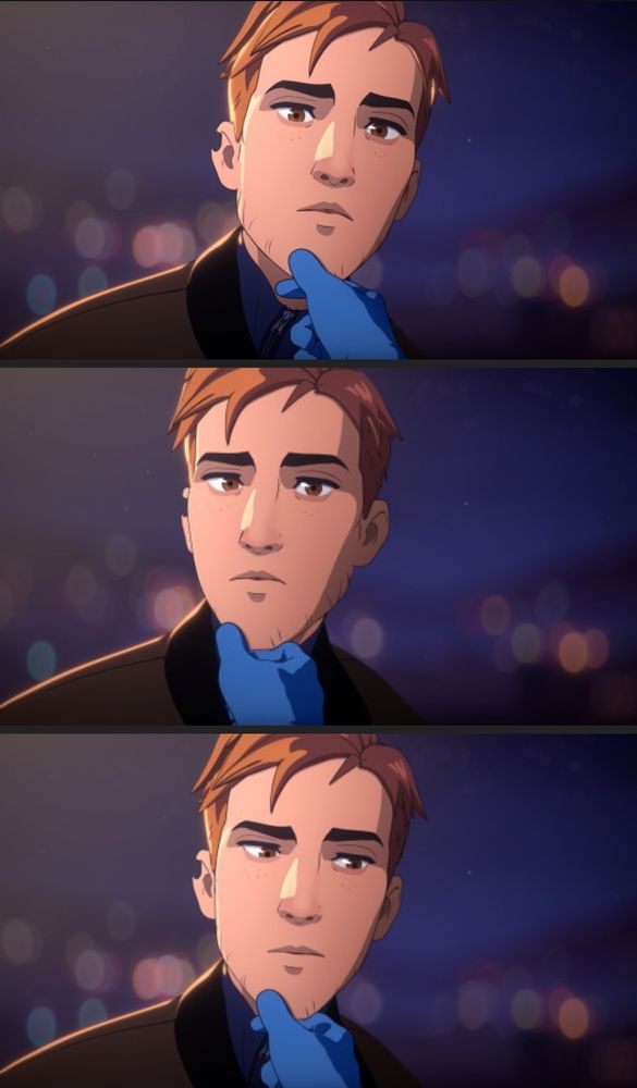 Three pictures of Robert Robertson from Adhoc's video game Dispatch. He is a white man with an angled face, brown eyes, and freckles. He has short red-brown hair. His right ear is missing a notch of flesh. His expression is dazed-neutral.

There is someone else's hand is on his chin, tilting his head left and right. In the first and second picture, Robert is looking at the viewer. In the third, he's looking away.