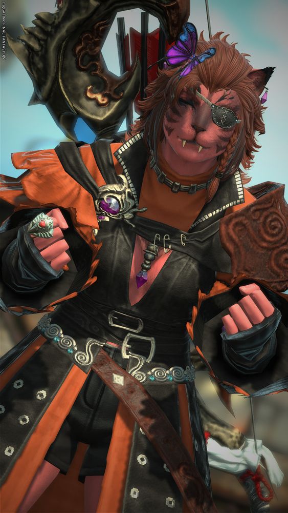 ffxiv screenshot of a pink hrothgar in black and red clothing