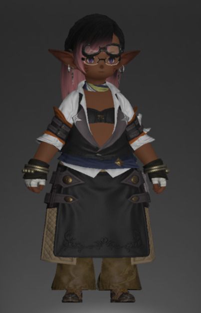 a screenshot of final fantasy xiv of a brown skinned lalafell wearing an open-shirt and apron, crafting outfit